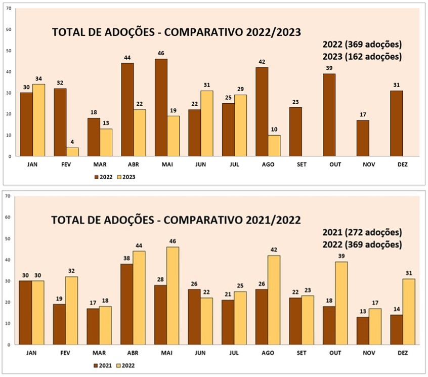 Gráfico em barras com os números de adoções em 2021/2022 em comparação com 2022/2023.